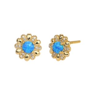 Detailansicht goldener Blumenohrringe mit blauem Opal und funkelnden Zirkonia-Steinen