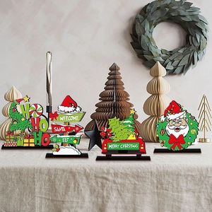 4-piece Christmas wooden tabletop decor set with Santa, Merry Christmas truck, and signs