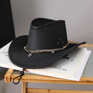 Black western cowboy hat with wide brim, star necklace chain and adjustable chin strap