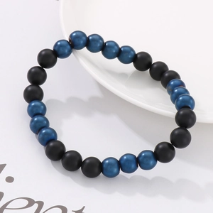 8mm matte black agate and metallic blue hematite beaded bracelet for men and women