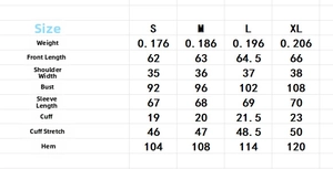 Size chart for French style long sleeve shirt showing detailed measurements in centimeters