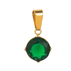 Macro detail of 18K gold plated pendant featuring a faceted green birthstone crystal