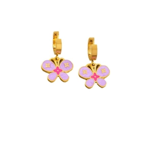 Golden butterfly earrings with purple enamel and floral patterns on white background