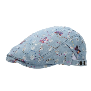 Y2K denim beret hat with iridescent sequins and butterfly embroidery in light blue