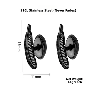 Detailed specs of 316L stainless steel feather earrings showing size and 1.1g weight