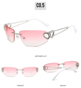 Détail des cœurs découpés sur lunettes de soleil sans monture avec verres dégradés roses