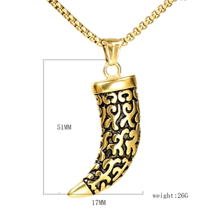 Golden crescent horn pendant in stainless steel with tribal pattern and size dimensions