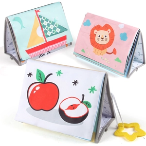 Three-piece baby soft cloth book set with animal patterns and yellow star-shaped teether