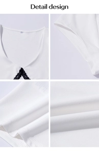 Détails du tissu en maille blanche avec col en dentelle noire et coutures à double aiguille