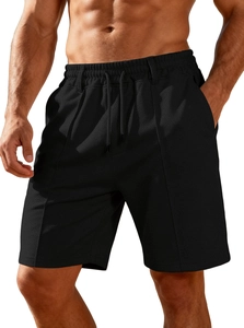 Detail of men's black sports shorts featuring drawstring waist and deep side pockets