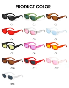 Detailed color chart showing 13 different color variations for small rectangular sunglasses