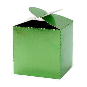 Boîte cadeau carrée vert métallique brillant avec fermeture pliable sur fond blanc