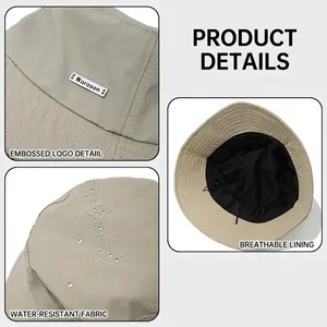 Foldable quick-dry beige sun hat for women with waterproof fabric and adjustable drawstring