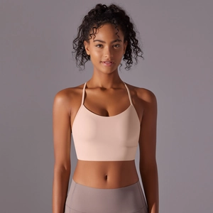 Detail of soft skin-friendly sports bra with thin straps and smooth brushed texture