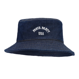 Navy denim bucket hat with white PASTA PARTY USA print and yellow contrast stitching