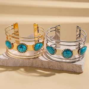 Retro geometric multi-layer open bangle set with turquoise stones and gold silver finish