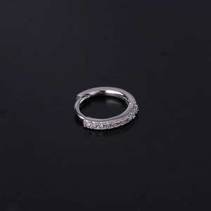 Macro shot of silver-colored huggie hoop earring featuring a row of pave-set clear zircons