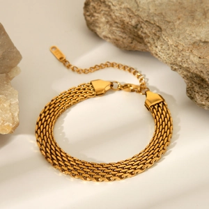 Wide Watchband Chain Bracelet Stainless Steel 18K Gold Plated Adjustable Non-Fading Retro Ins Style Women Jewelry