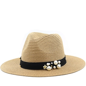 Women Fedora Straw Hat Elegant Wide Brim Sun Protection Summer Beach Paper Straw With Artificial Pearl And Flower Decor