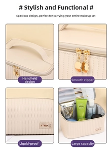Detailoverzicht van crèmekleurige PU-leren make-uptas met stiksels en gouden ritsen