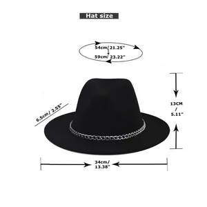 Detailed size chart for black wool fedora hat featuring measurements and silver chain trim