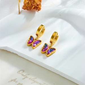 Elegant gold titanium butterfly hoop earrings with purple gradient rhinestone inlay