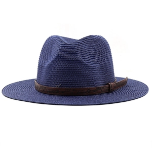 Dark blue woven straw cowboy fedora hat with embossed floral brown leather band