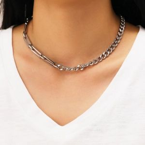 Collana a catena argento hip hop con mix di maglie a graffetta e corda intrecciata