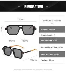 Detailed size specifications for square frame double bridge sunglasses with 152mm width