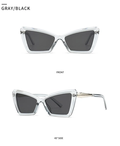 Front and 45-degree side views of cat eye sunglasses with gray black frames