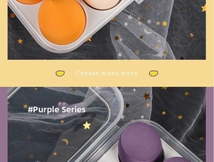 Detailed view of colorful teardrop makeup sponges in a clear storage box