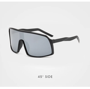 Detail of matte black cycling sunglasses with silver reflective lens from a 45-degree side view