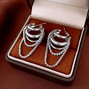 Mehrlagige C-Reifen Quastenkette Ohrringe Mit 925 Sterling Silber Ohrstecker Kupfer Zirkon Elegant Mode Damen