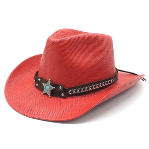Chapeau de cowboy rouge vif en paille avec bandeau en daim et emblème d'étoile