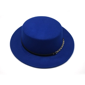 Flat top blue felt boater hat with black leather belt and gold chain decoration