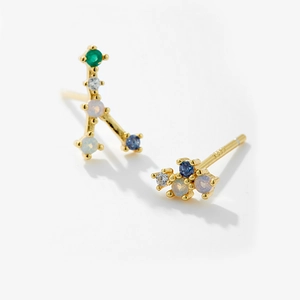 Detailed macro shot of S925 sterling silver earrings featuring colorful zircon stones