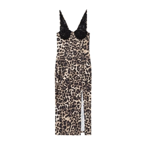 Women Leopard Print Midi Dress Lace Trim V Neck Sleeveless Slit Slim Fit Cami Dress With Adjustable Straps Elegant