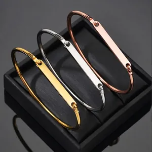 Minimalist stainless steel open bracelets in gold, silver, and rose gold finishes