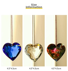 Detailed size information for heart-shaped faceted crystal suncatchers in various colors