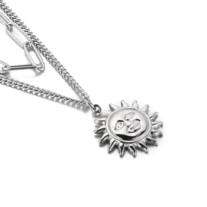 Double-layer silver stainless steel necklace with sun face pendant and paperclip chain