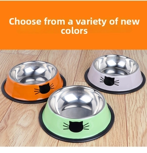 Three colorful stainless steel pet bowls with cat face prints and non-slip rubber bases