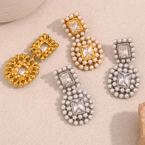 Luxury 18K gold plated stainless steel stud earrings with zircon and pearls set on top