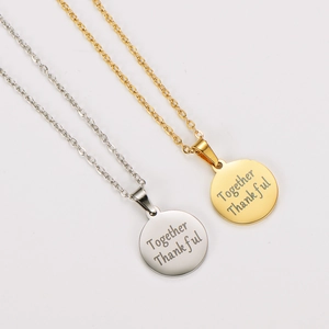 Together Thankful Engraved Round Pendant Necklace 304 Stainless Steel 18k Gold Plated Inspirational Minimalist Jewelry