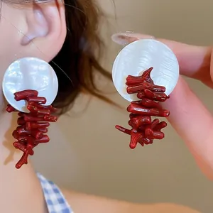Red Coral Branch Drop Earrings With White Shell Disc And 925 Sterling Silver Earring Post Retro Artistic Style For Women