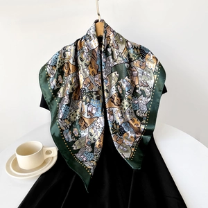 Elegant 90cm dark green satin scarf featuring high-quality cartoon cat prints for women