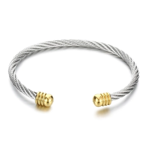 Fashionable stainless steel cable wire open bangle with silver rope and gold spherical ends