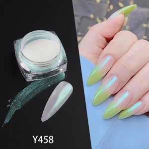 Macro detail of green iridescent aurora nail powder Y458 with professional DIY effect
