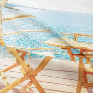 Detailed close-up of bohemian landscape tapestry fabric featuring Mediterranean seaside print