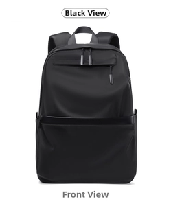 Detailed front view of black water-resistant business laptop backpack with matte finish