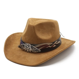 Brown suede cowboy hat with USA metal eagle emblem and American flag patterned strap